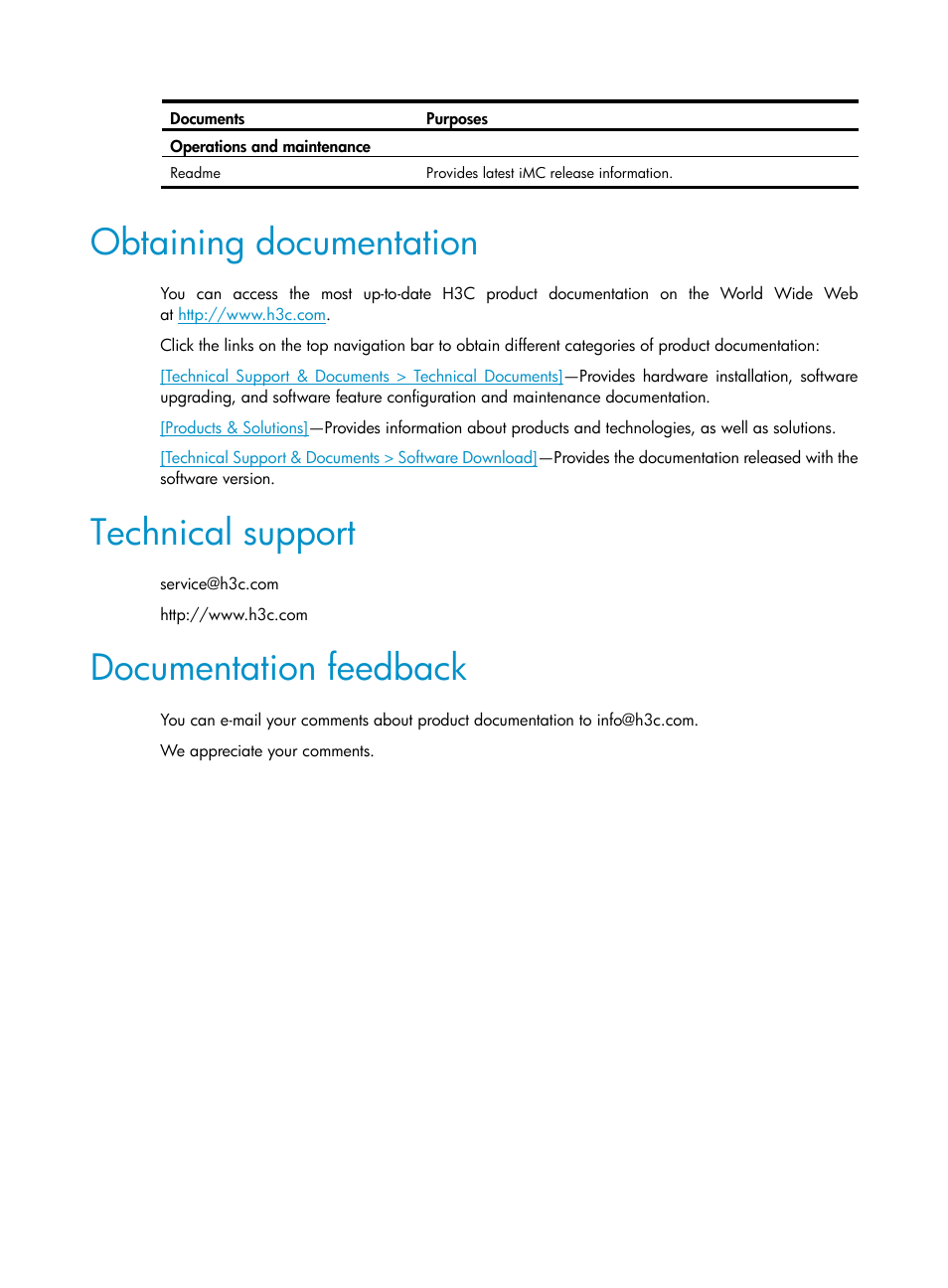 Obtaining documentation, Technical support, Documentation feedback | H3C Technologies H3C Intelligent Management Center User Manual | Page 5 / 137