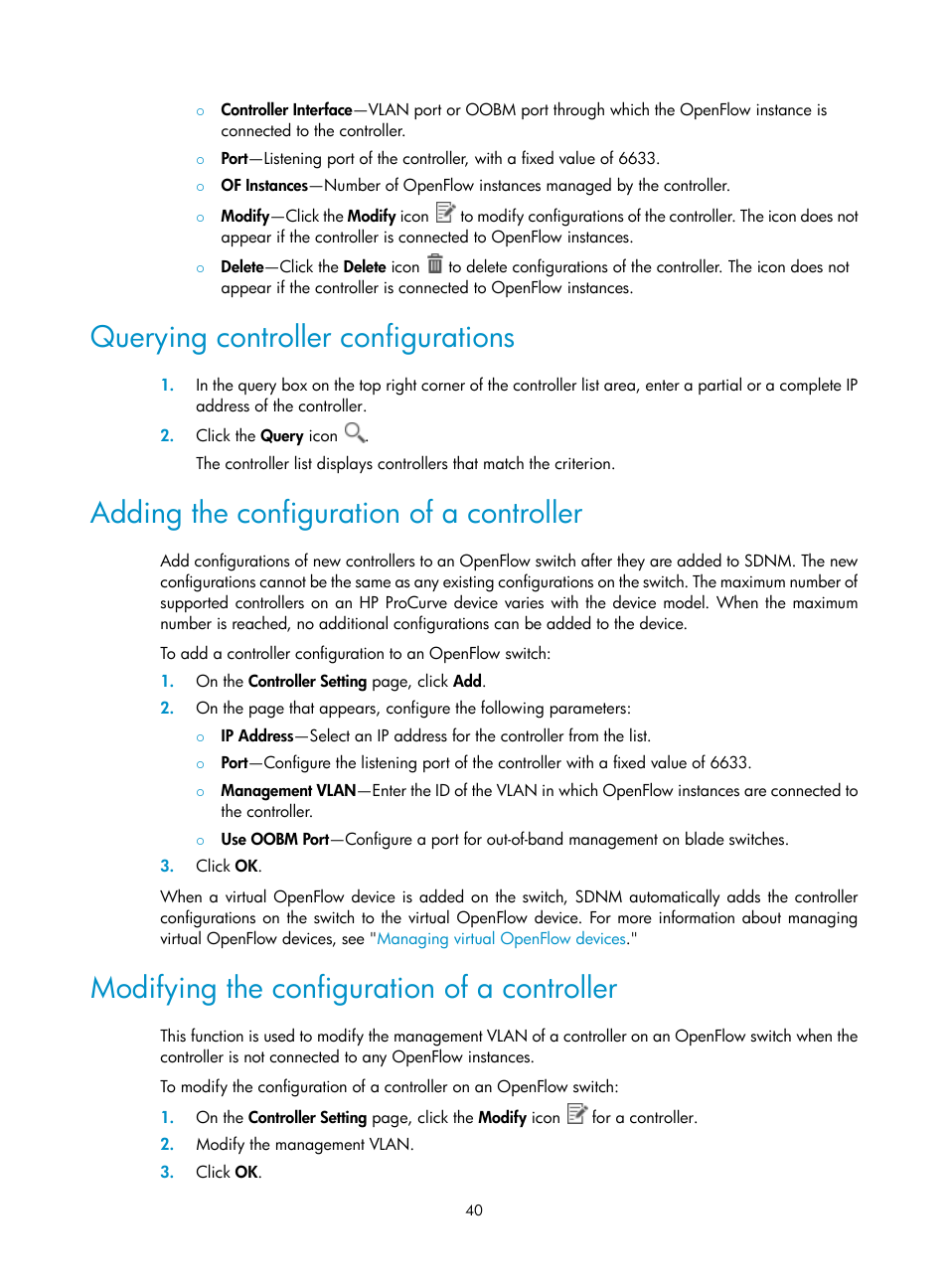 Querying controller configurations, Adding the configuration of a controller, Modifying the configuration of a controller | H3C Technologies H3C Intelligent Management Center User Manual | Page 50 / 137