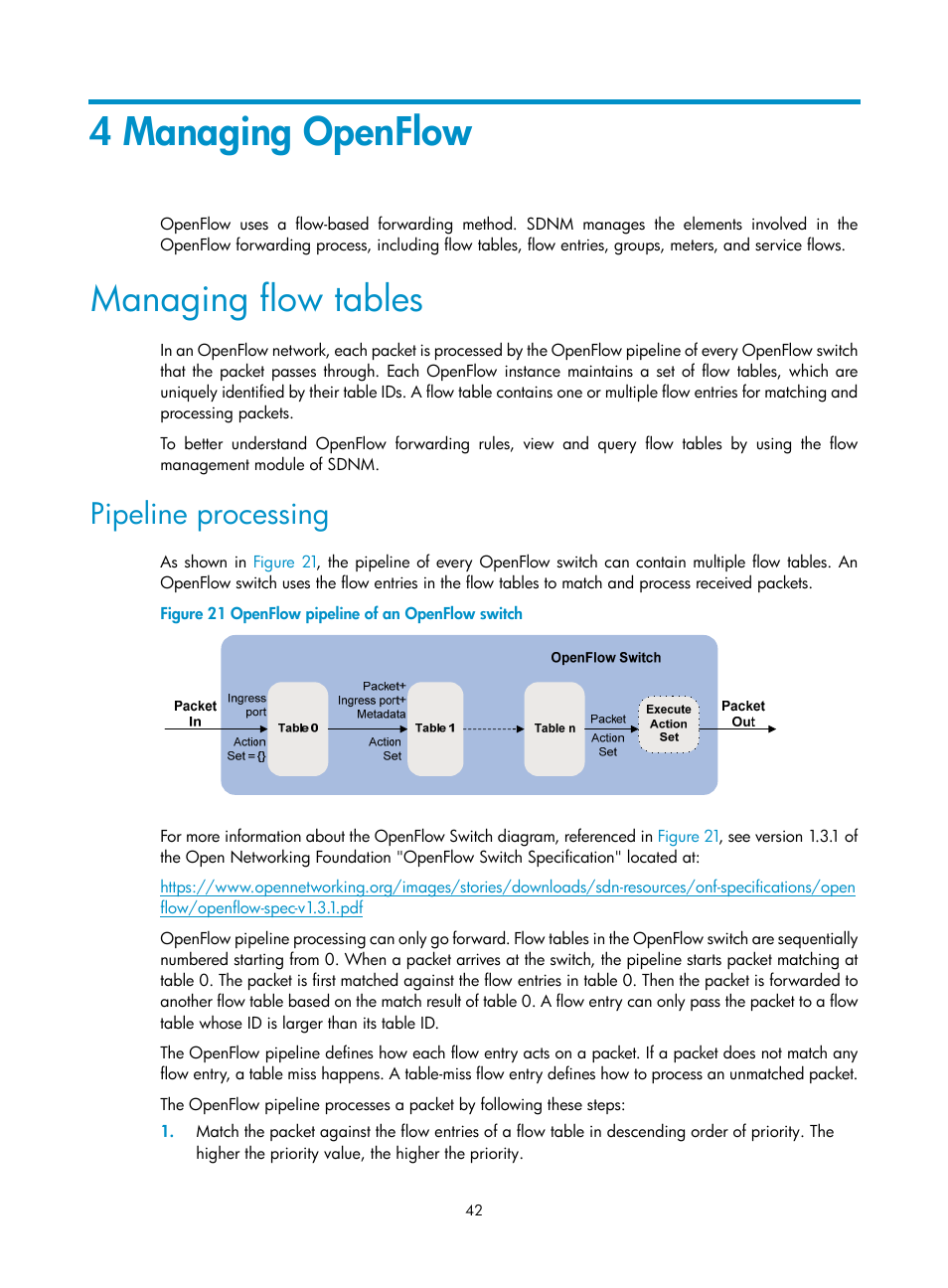 4 managing openflow, Managing flow tables, Pipeline processing | H3C Technologies H3C Intelligent Management Center User Manual | Page 52 / 137