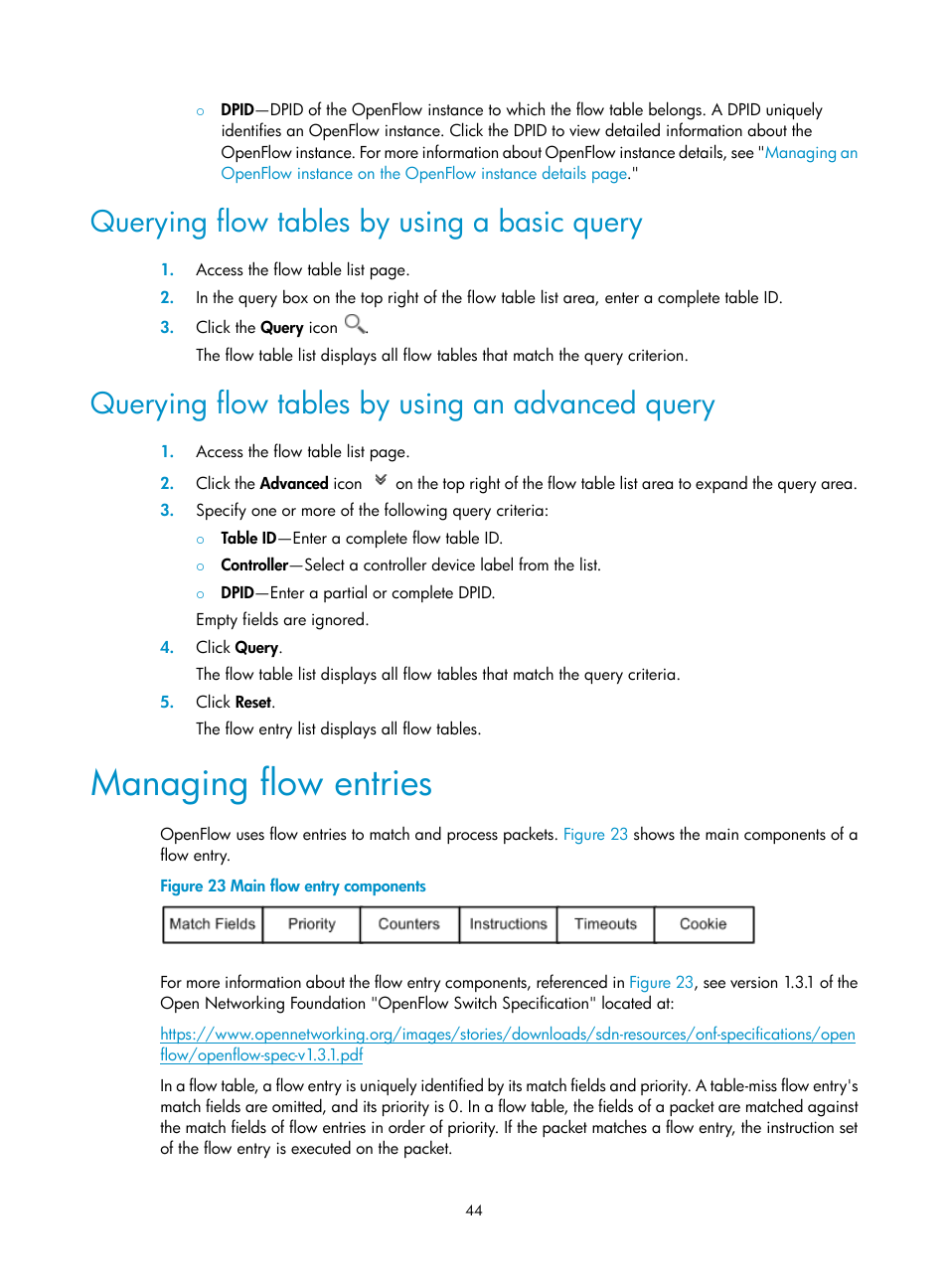 Querying flow tables by using a basic query, Querying flow tables by using an advanced query, Managing flow entries | H3C Technologies H3C Intelligent Management Center User Manual | Page 54 / 137