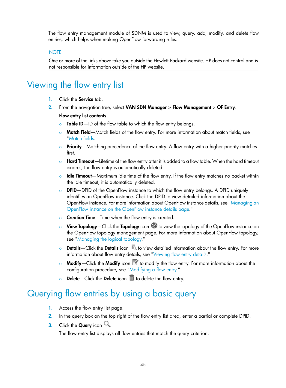 Viewing the flow entry list, Querying flow entries by using a basic query | H3C Technologies H3C Intelligent Management Center User Manual | Page 55 / 137