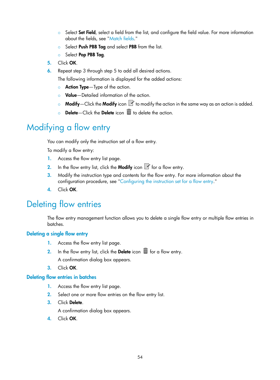 Modifying a flow entry, Deleting flow entries, Deleting a single flow entry | Deleting flow entries in batches | H3C Technologies H3C Intelligent Management Center User Manual | Page 64 / 137