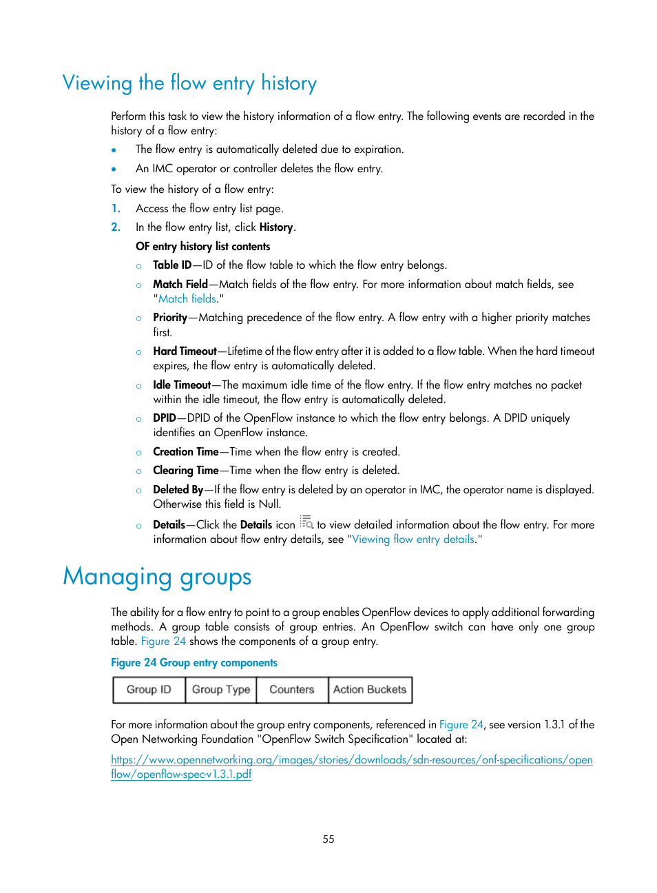 Viewing the flow entry history, Managing groups | H3C Technologies H3C Intelligent Management Center User Manual | Page 65 / 137