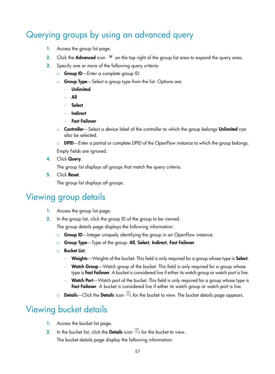 Querying groups by using an advanced query, Viewing group details, Viewing bucket details | H3C Technologies H3C Intelligent Management Center User Manual | Page 67 / 137