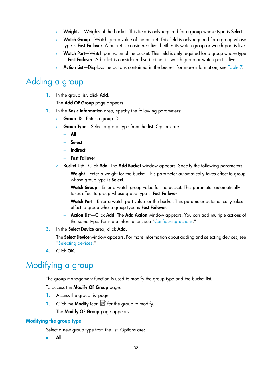 Adding a group, Modifying a group, Modifying the group type | H3C Technologies H3C Intelligent Management Center User Manual | Page 68 / 137