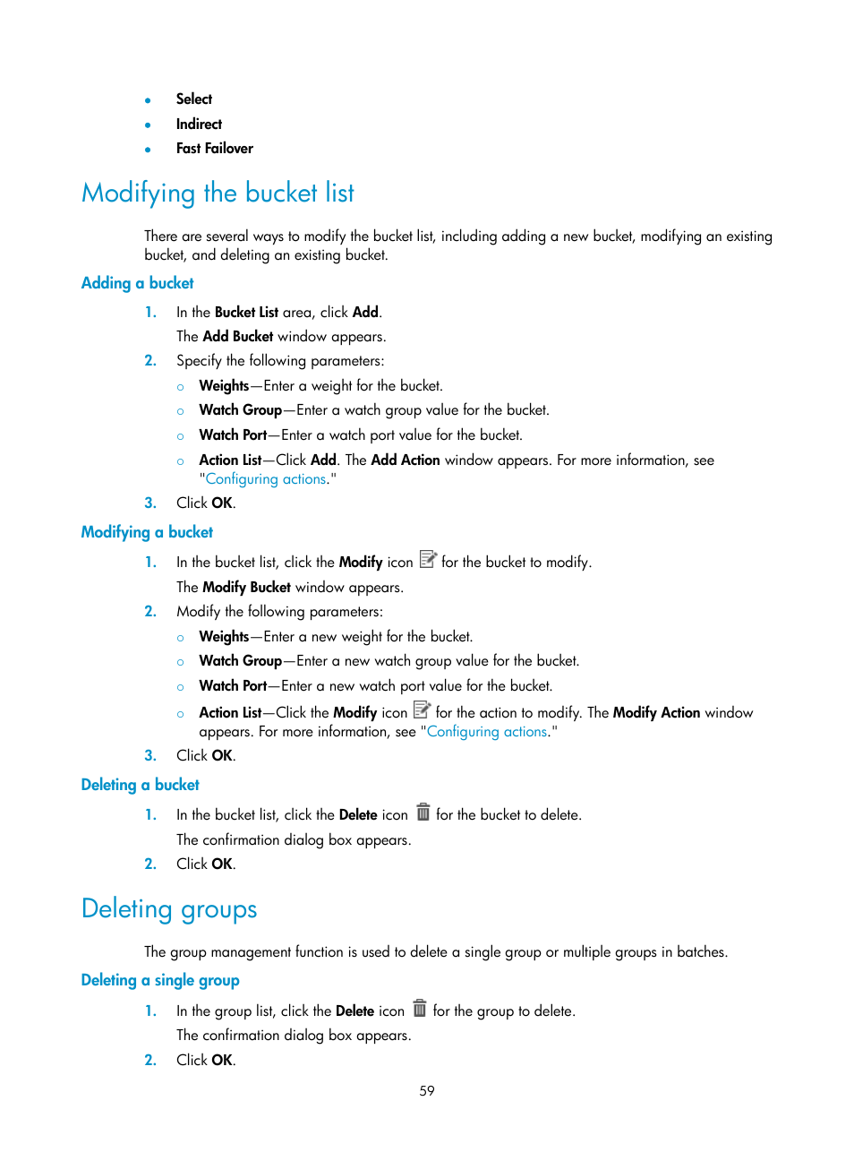 Modifying the bucket list, Adding a bucket, Modifying a bucket | Deleting a bucket, Deleting groups, Deleting a single group | H3C Technologies H3C Intelligent Management Center User Manual | Page 69 / 137