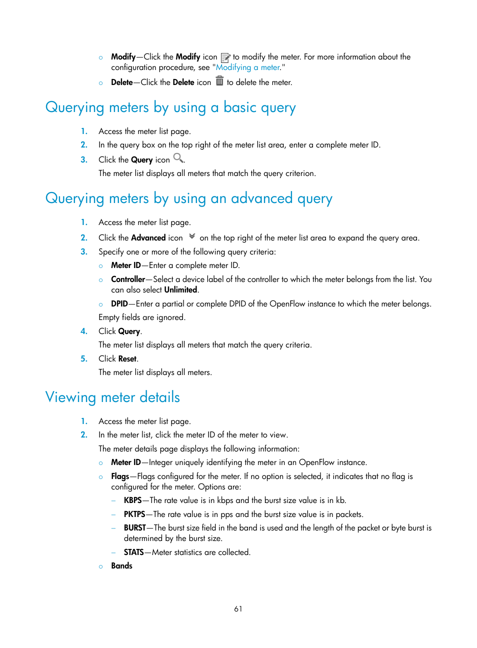 Querying meters by using a basic query, Querying meters by using an advanced query, Viewing meter details | H3C Technologies H3C Intelligent Management Center User Manual | Page 71 / 137