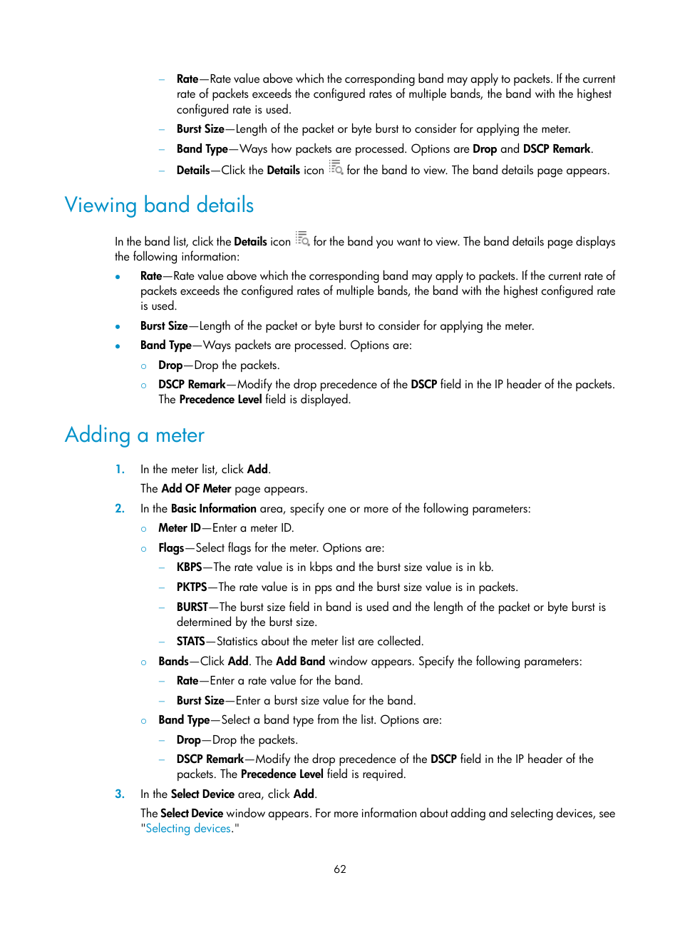 Viewing band details, Adding a meter | H3C Technologies H3C Intelligent Management Center User Manual | Page 72 / 137