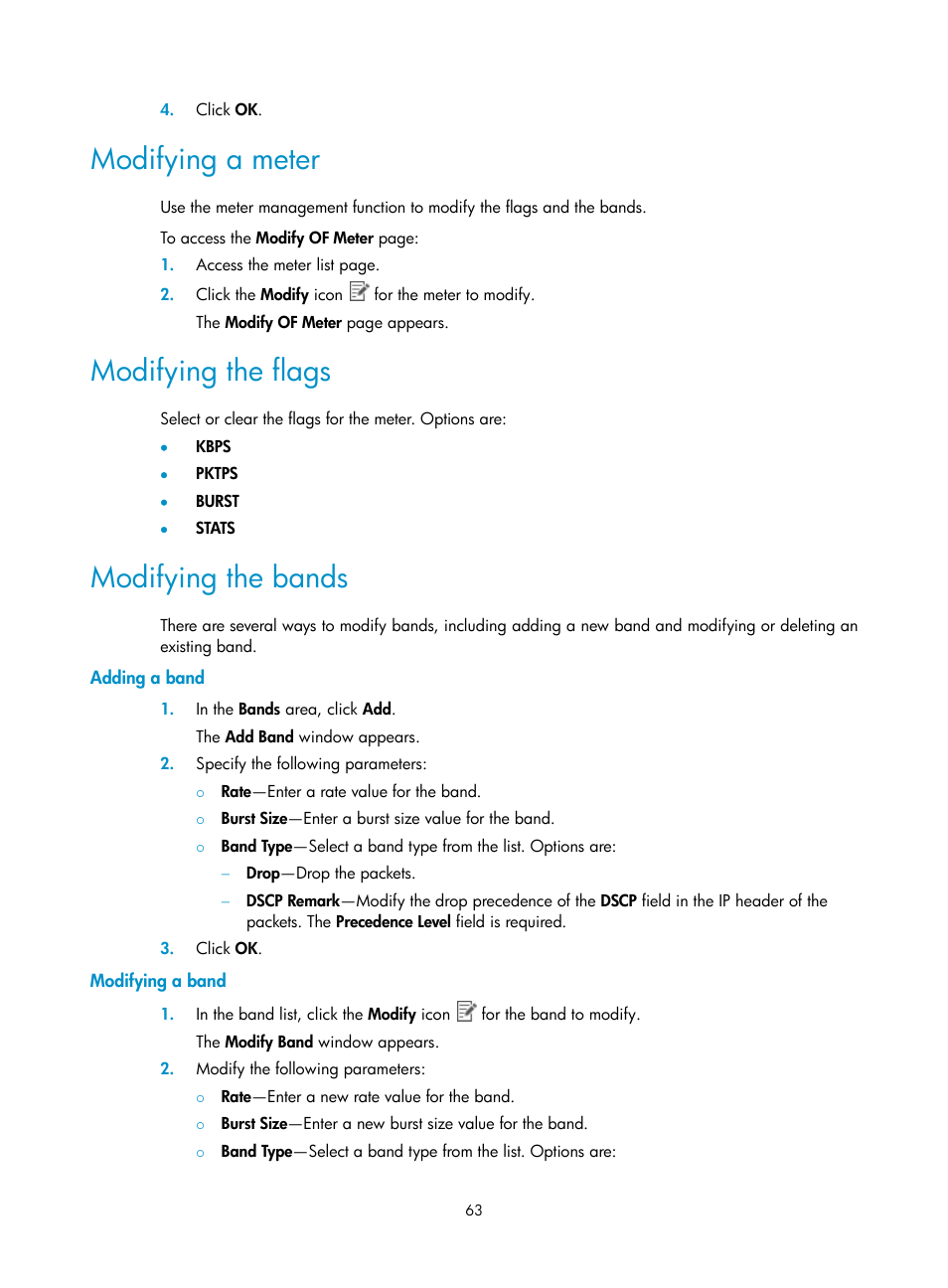 Modifying a meter, Modifying the flags, Modifying the bands | Adding a band, Modifying a band | H3C Technologies H3C Intelligent Management Center User Manual | Page 73 / 137