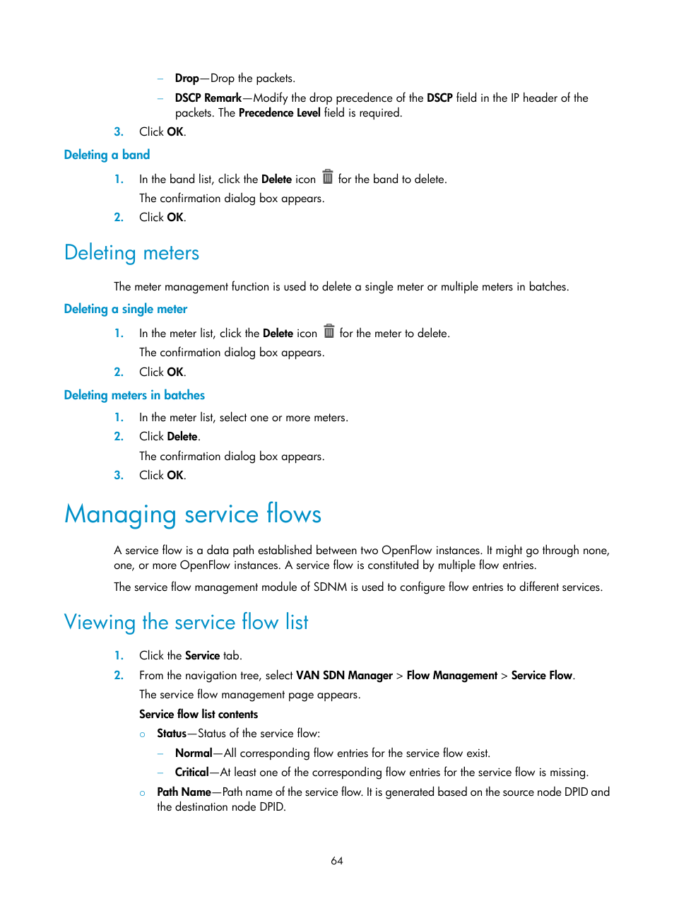 Deleting a band, Deleting meters, Deleting a single meter | Deleting meters in batches, Managing service flows, Viewing the service flow list | H3C Technologies H3C Intelligent Management Center User Manual | Page 74 / 137