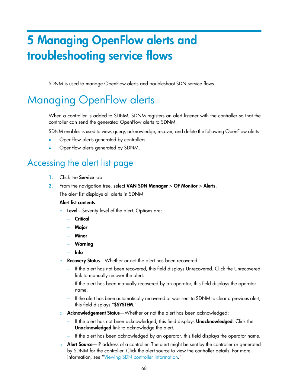 Managing openflow alerts, 5 managing, Openflow alerts and troubleshooting service flows | Accessing the alert list page | H3C Technologies H3C Intelligent Management Center User Manual | Page 78 / 137