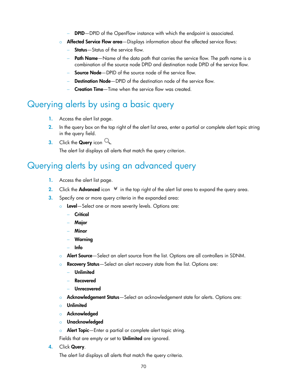 Querying alerts by using a basic query, Querying alerts by using an advanced query | H3C Technologies H3C Intelligent Management Center User Manual | Page 80 / 137