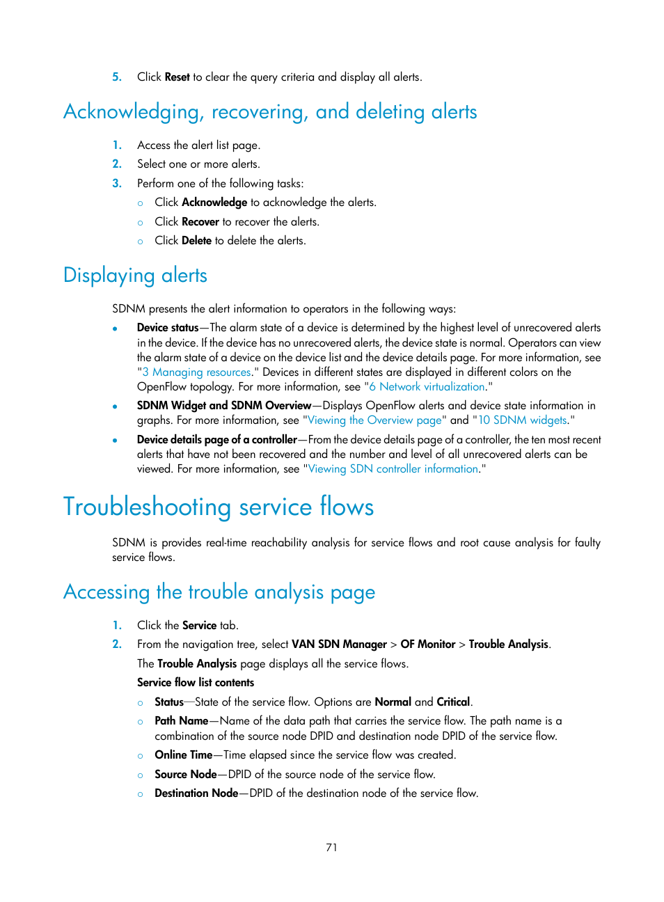 Acknowledging, recovering, and deleting alerts, Displaying alerts, Troubleshooting service flows | Accessing the trouble analysis page | H3C Technologies H3C Intelligent Management Center User Manual | Page 81 / 137
