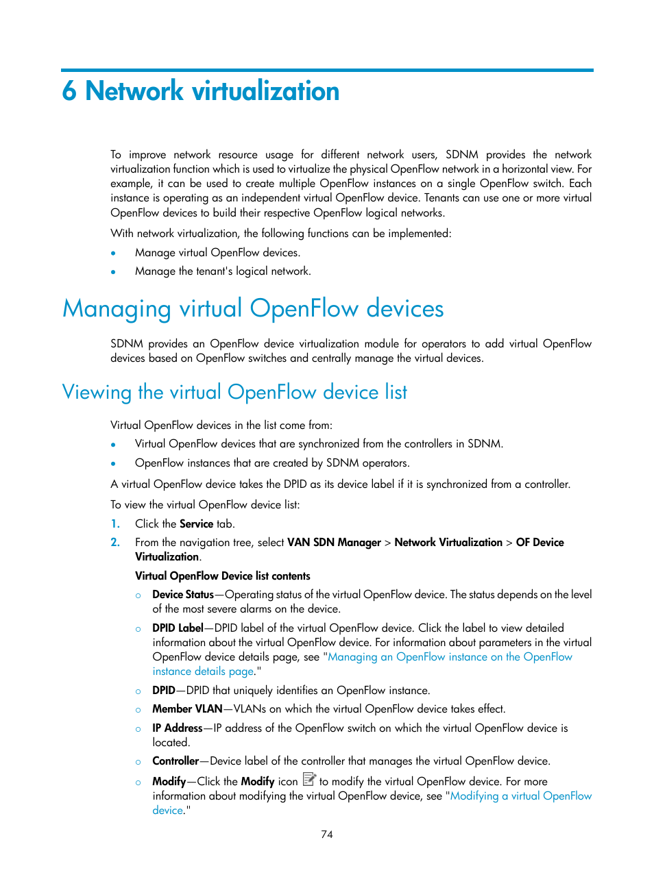 6 network virtualization, Managing virtual openflow devices, Viewing the virtual openflow device list | 6 network, Virtualization | H3C Technologies H3C Intelligent Management Center User Manual | Page 84 / 137