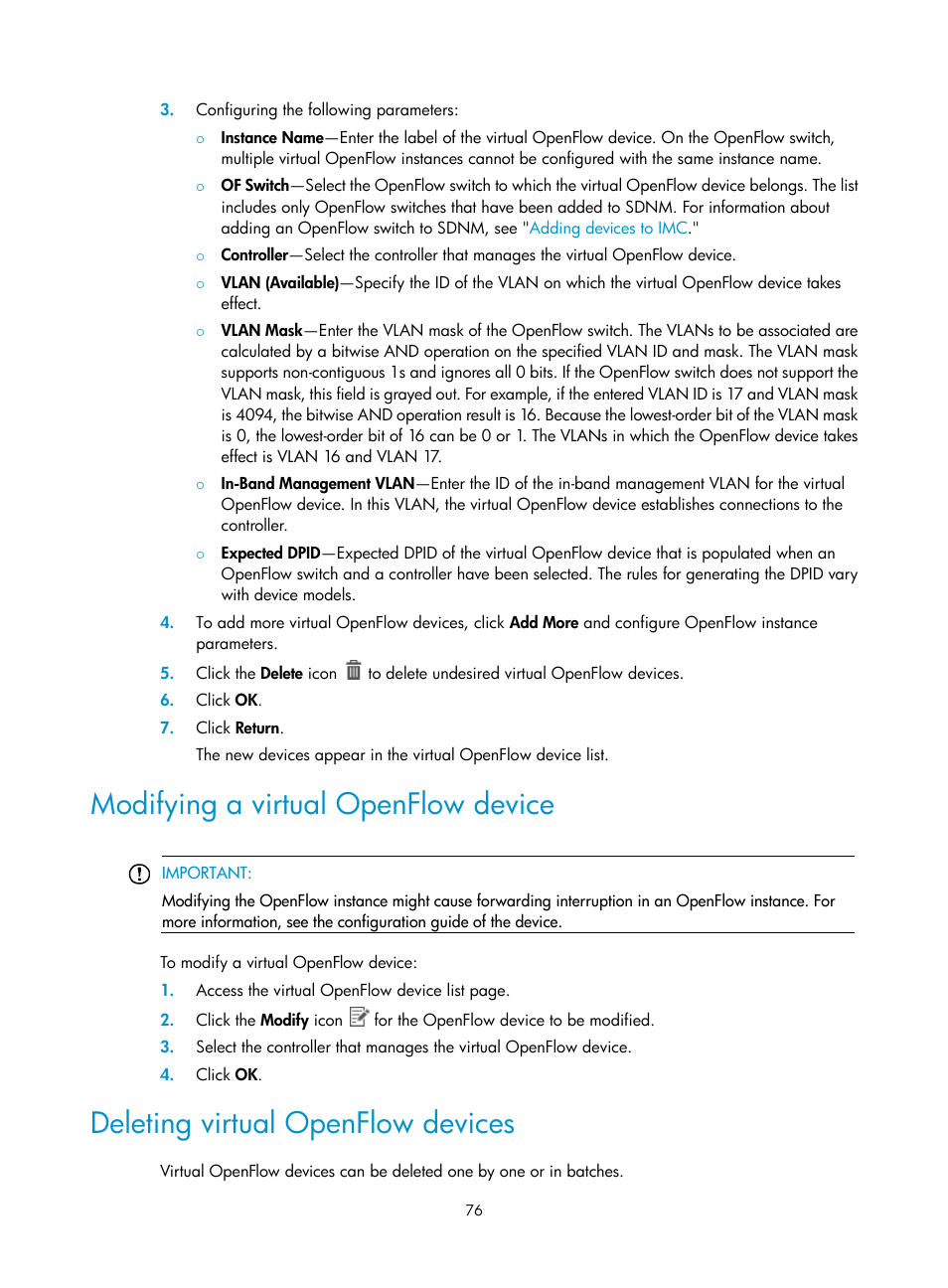 Modifying a virtual openflow device, Deleting virtual openflow devices, Modifying a virtual openflow | Device | H3C Technologies H3C Intelligent Management Center User Manual | Page 86 / 137