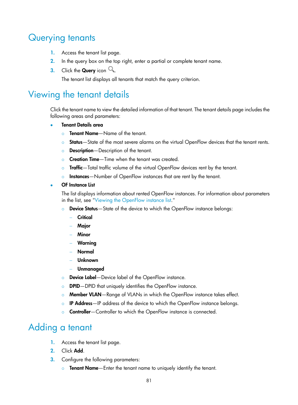 Querying tenants, Viewing the tenant details, Adding a tenant | H3C Technologies H3C Intelligent Management Center User Manual | Page 91 / 137