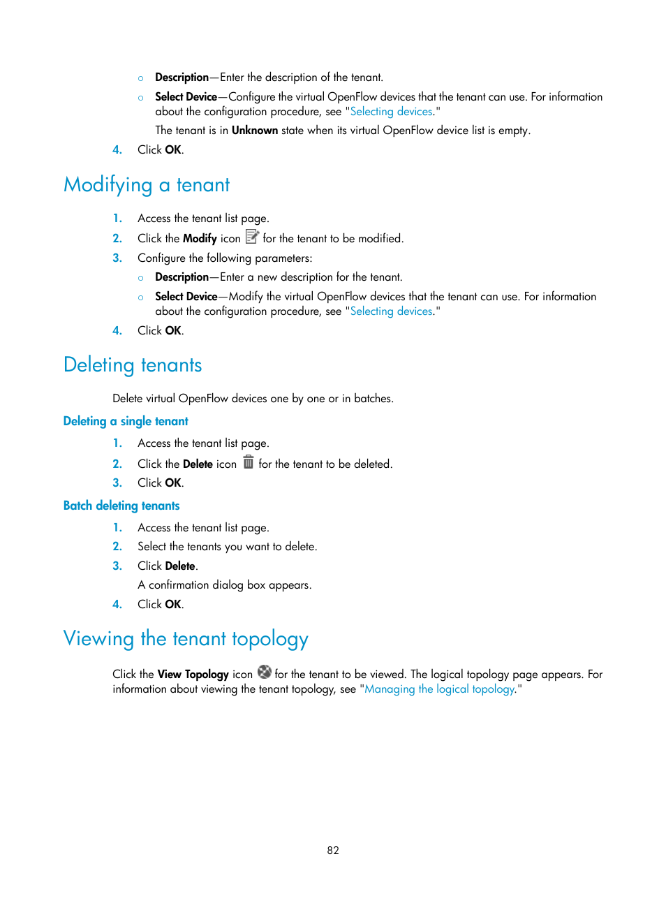 Modifying a tenant, Deleting tenants, Deleting a single tenant | Batch deleting tenants, Viewing the tenant topology | H3C Technologies H3C Intelligent Management Center User Manual | Page 92 / 137