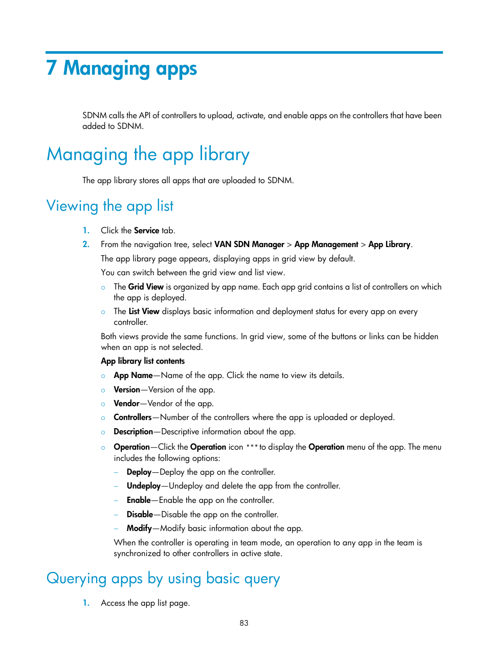 7 managing apps, Managing the app library, Viewing the app list | Querying apps by using basic query | H3C Technologies H3C Intelligent Management Center User Manual | Page 93 / 137