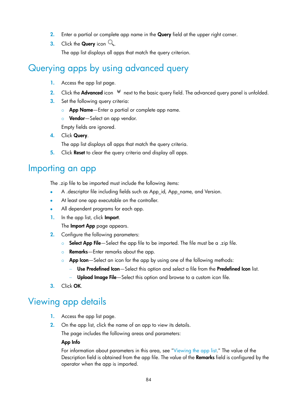 Querying apps by using advanced query, Importing an app, Viewing app details | H3C Technologies H3C Intelligent Management Center User Manual | Page 94 / 137