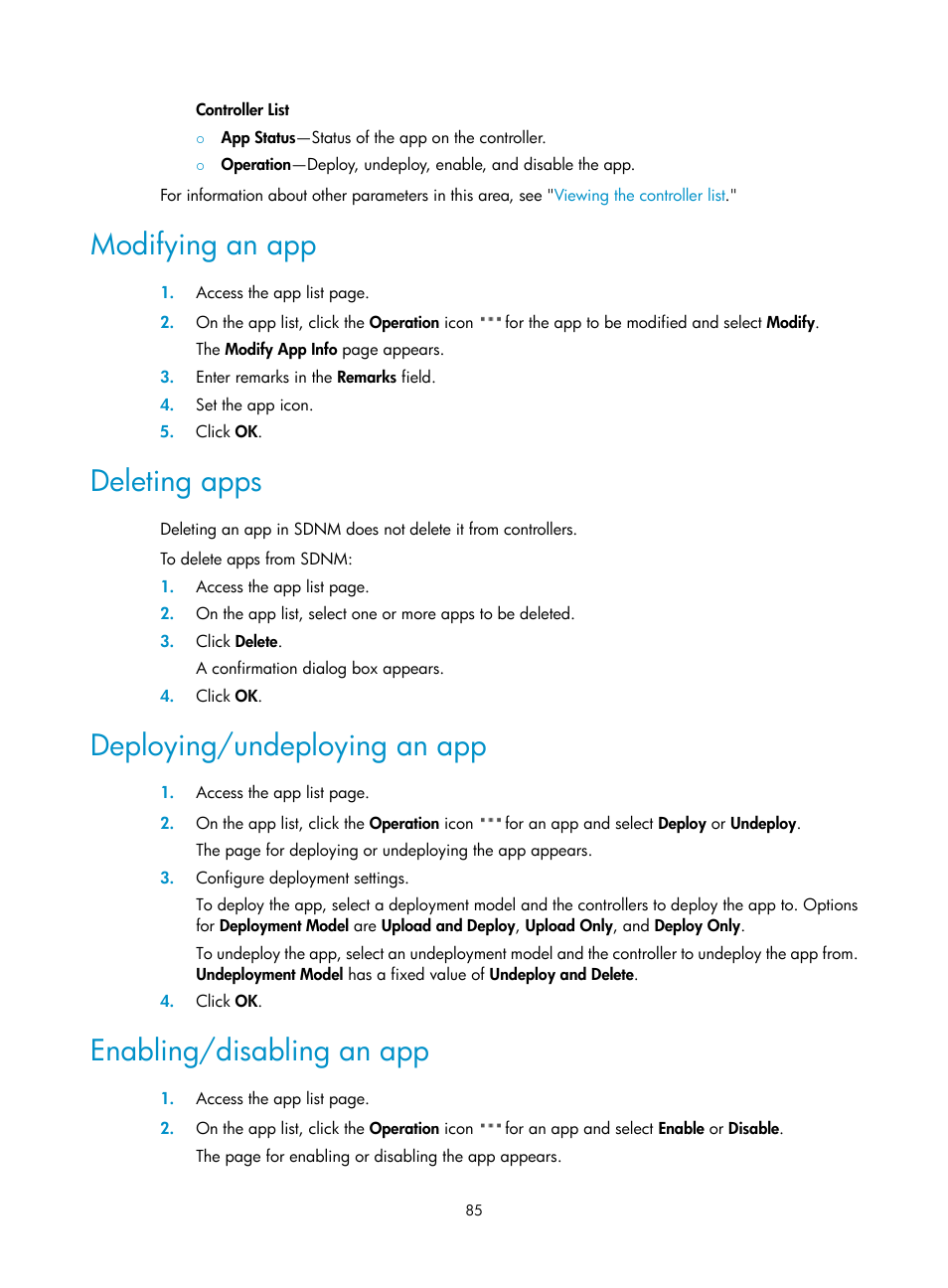 Modifying an app, Deleting apps, Deploying/undeploying an app | Enabling/disabling an app | H3C Technologies H3C Intelligent Management Center User Manual | Page 95 / 137