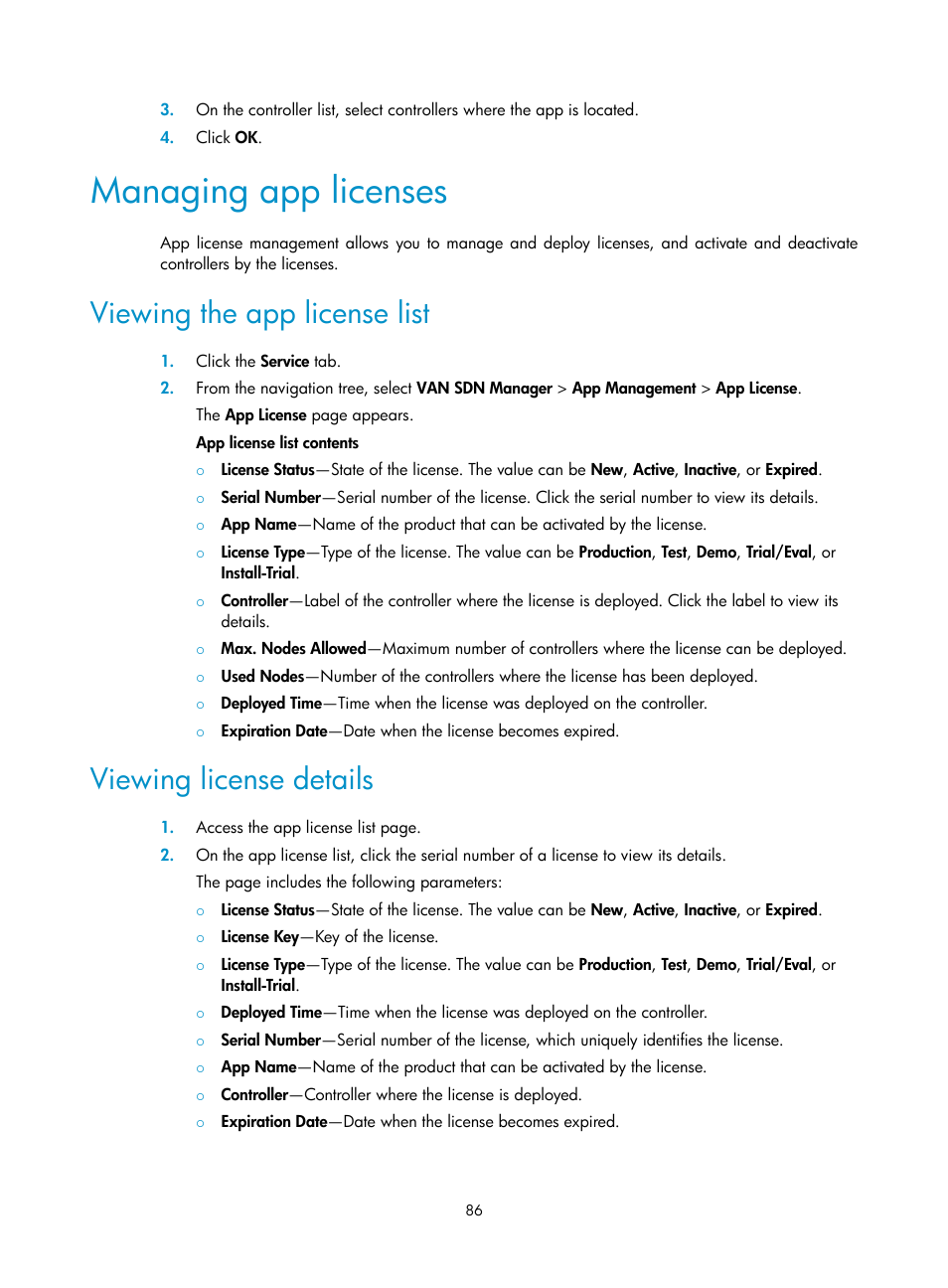 Managing app licenses, Viewing the app license list, Viewing license details | H3C Technologies H3C Intelligent Management Center User Manual | Page 96 / 137