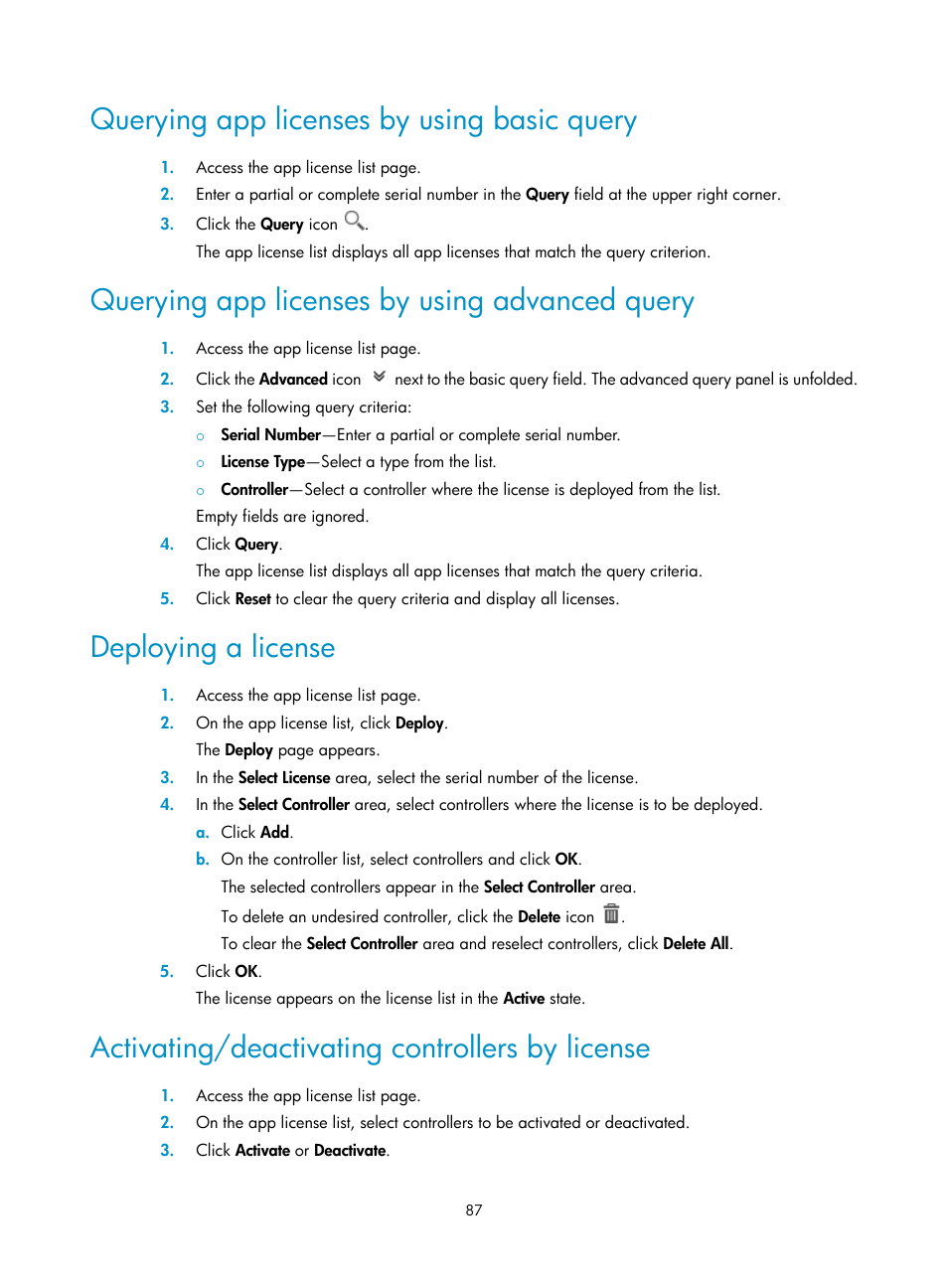 Querying app licenses by using basic query, Querying app licenses by using advanced query, Deploying a license | Activating/deactivating controllers by license | H3C Technologies H3C Intelligent Management Center User Manual | Page 97 / 137