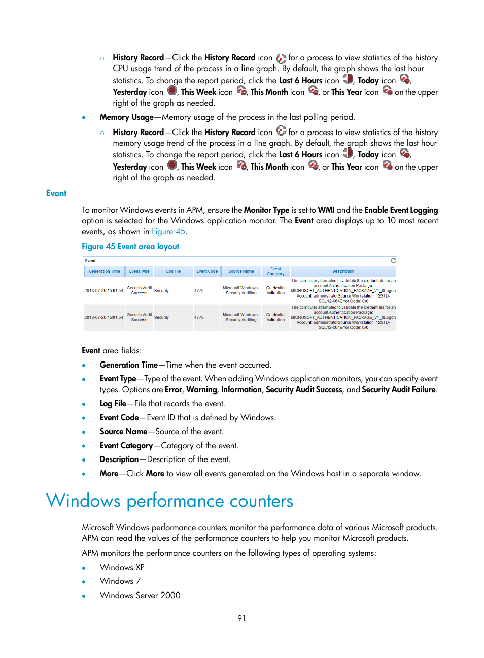 Event, Windows performance counters | H3C Technologies H3C Intelligent Management Center User Manual | Page 105 / 740