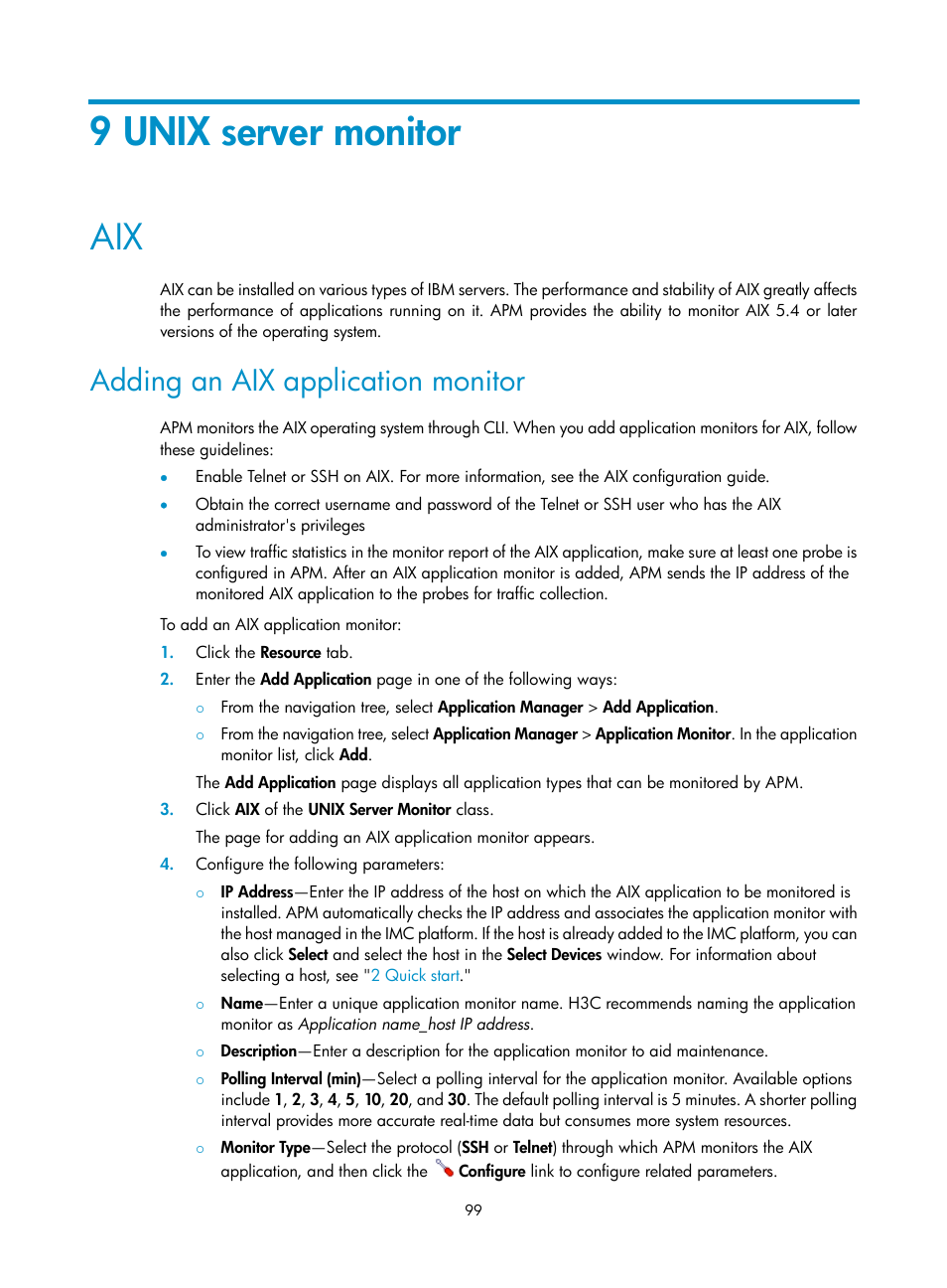 9 unix server monitor, Adding an aix application monitor | H3C Technologies H3C Intelligent Management Center User Manual | Page 113 / 740