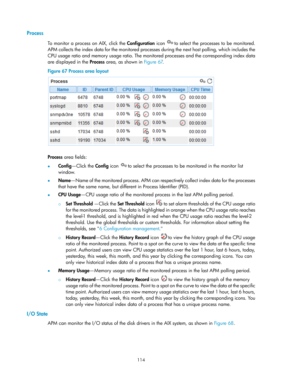 Process, I/o state | H3C Technologies H3C Intelligent Management Center User Manual | Page 128 / 740