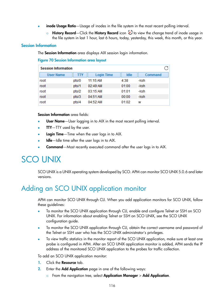 Session information, Sco unix, Adding an sco unix application monitor | H3C Technologies H3C Intelligent Management Center User Manual | Page 130 / 740