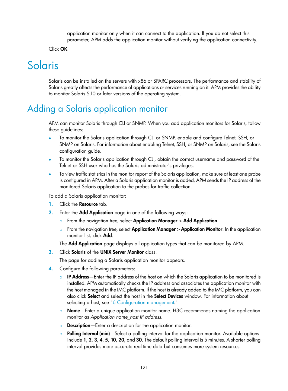 Solaris, Adding a solaris application monitor | H3C Technologies H3C Intelligent Management Center User Manual | Page 135 / 740