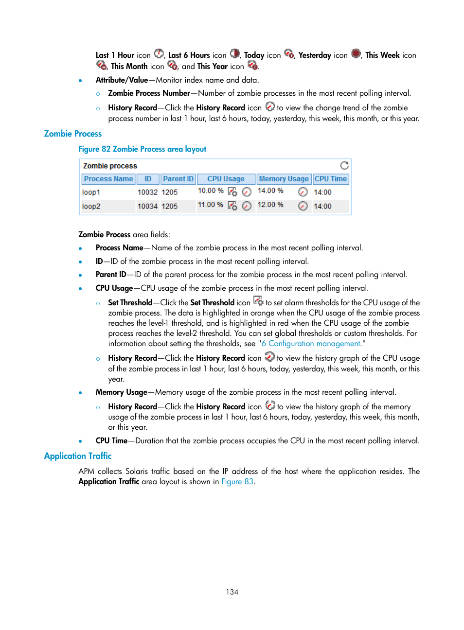 Zombie process, Application traffic | H3C Technologies H3C Intelligent Management Center User Manual | Page 148 / 740