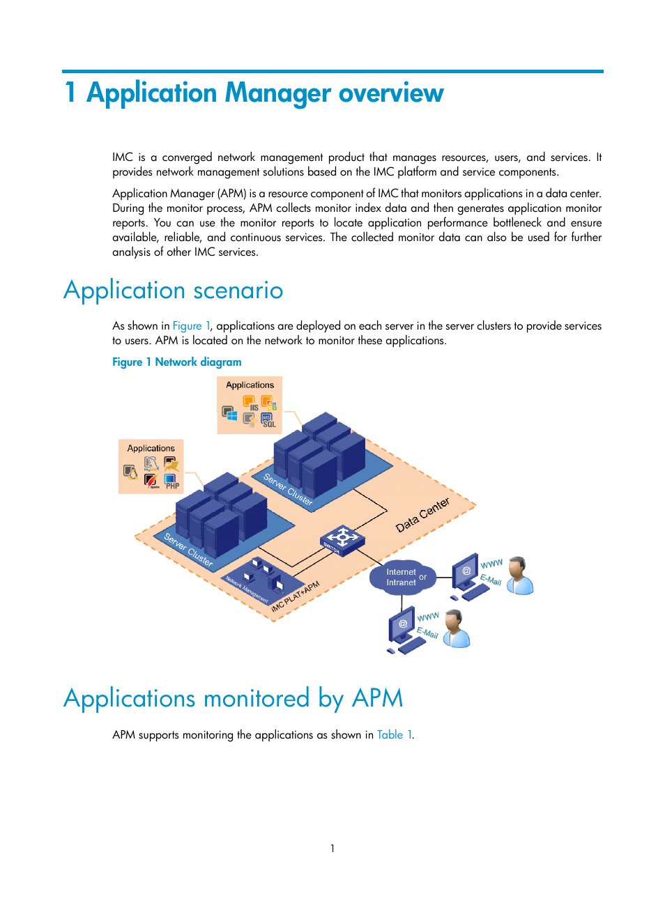 1 application manager overview, Applications monitored by apm, Application scenario | H3C Technologies H3C Intelligent Management Center User Manual | Page 15 / 740