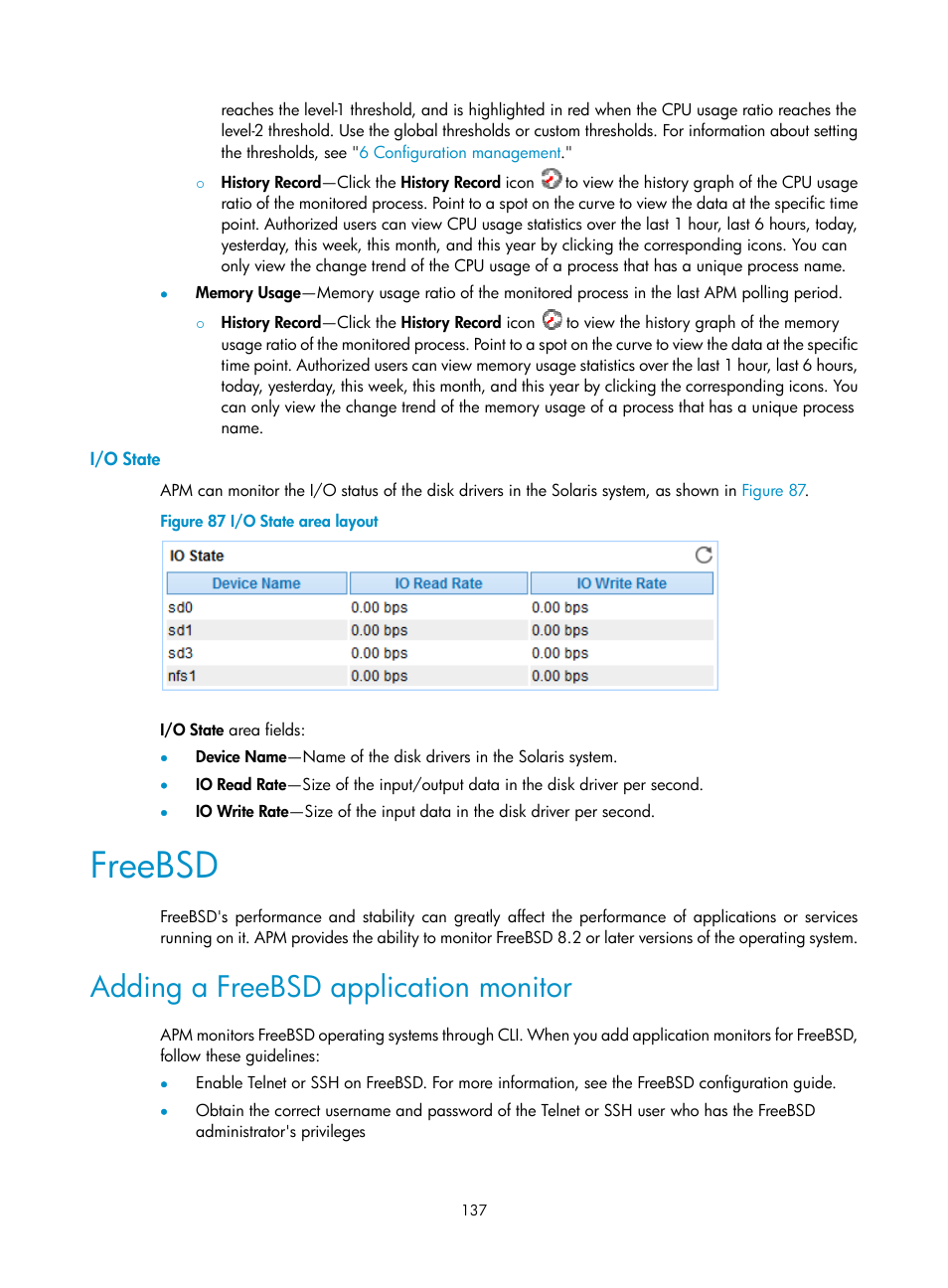 I/o state, Freebsd, Adding a freebsd application monitor | H3C Technologies H3C Intelligent Management Center User Manual | Page 151 / 740