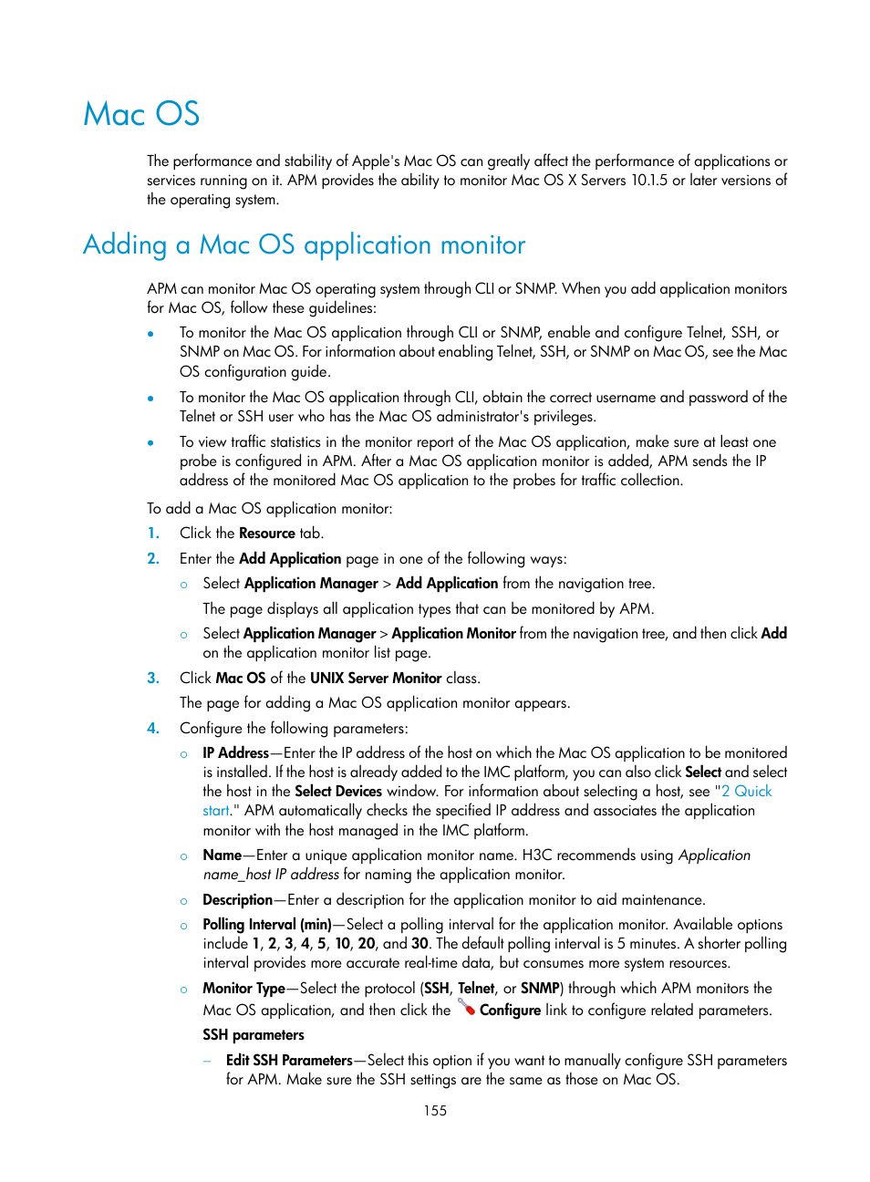 Mac os, Adding a mac os application monitor | H3C Technologies H3C Intelligent Management Center User Manual | Page 169 / 740