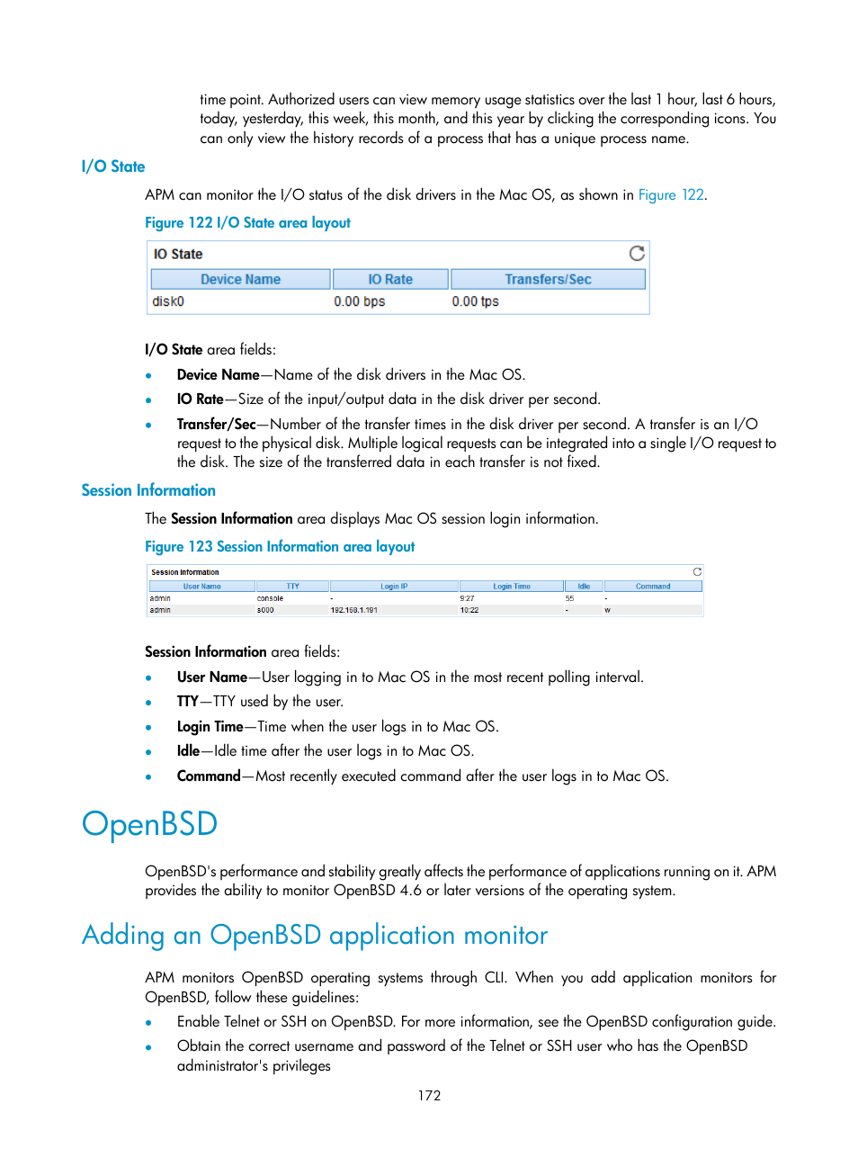 I/o state, Session information, Openbsd | Adding an openbsd application monitor | H3C Technologies H3C Intelligent Management Center User Manual | Page 186 / 740