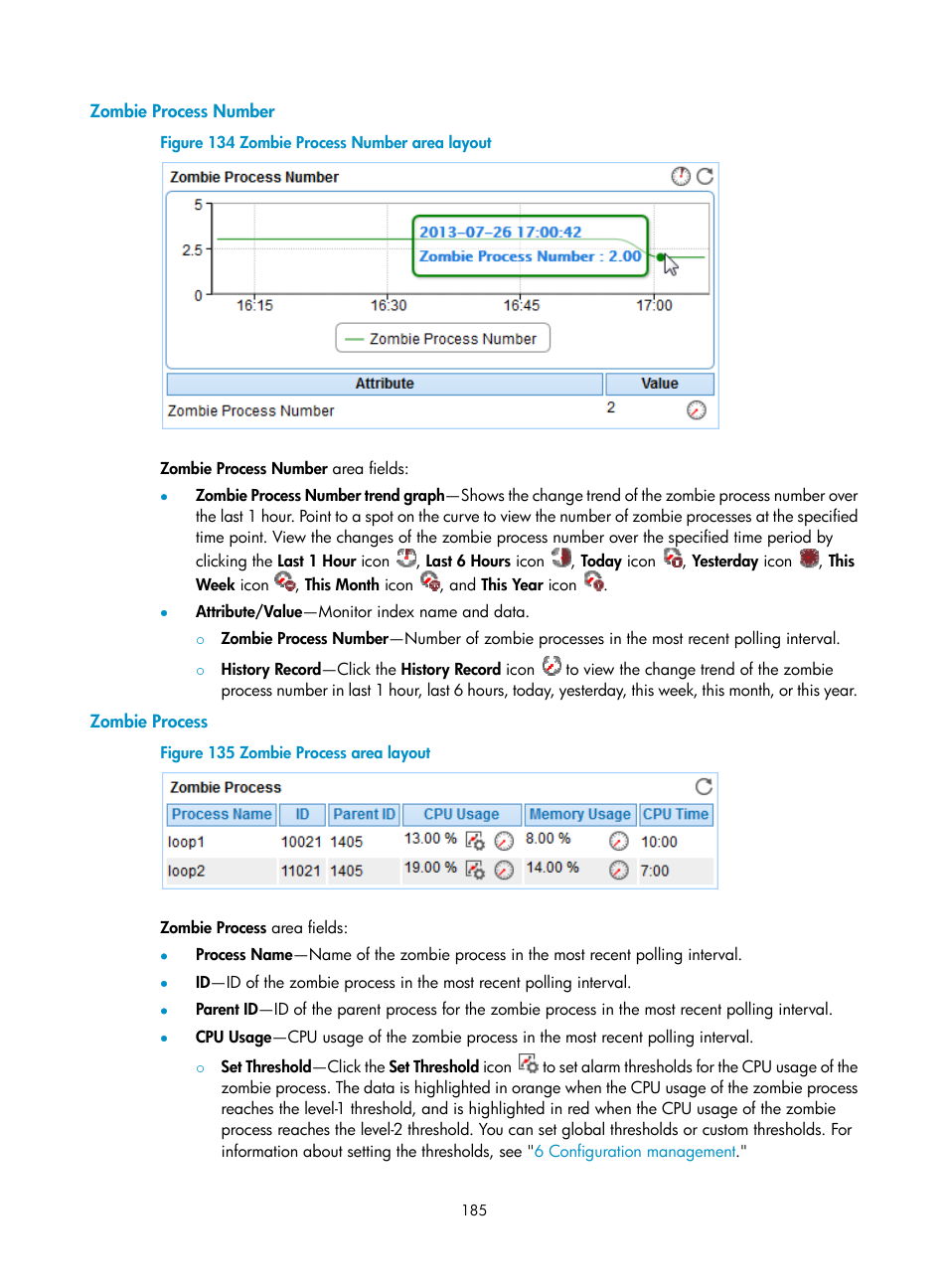 Zombie process number, Zombie process | H3C Technologies H3C Intelligent Management Center User Manual | Page 199 / 740