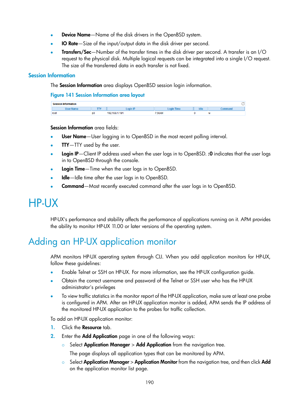 Session information, Hp-ux, Adding an hp-ux application monitor | H3C Technologies H3C Intelligent Management Center User Manual | Page 204 / 740