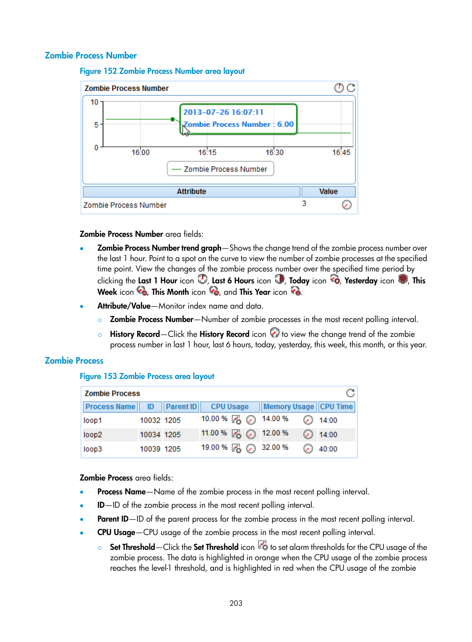 Zombie process number, Zombie process | H3C Technologies H3C Intelligent Management Center User Manual | Page 217 / 740