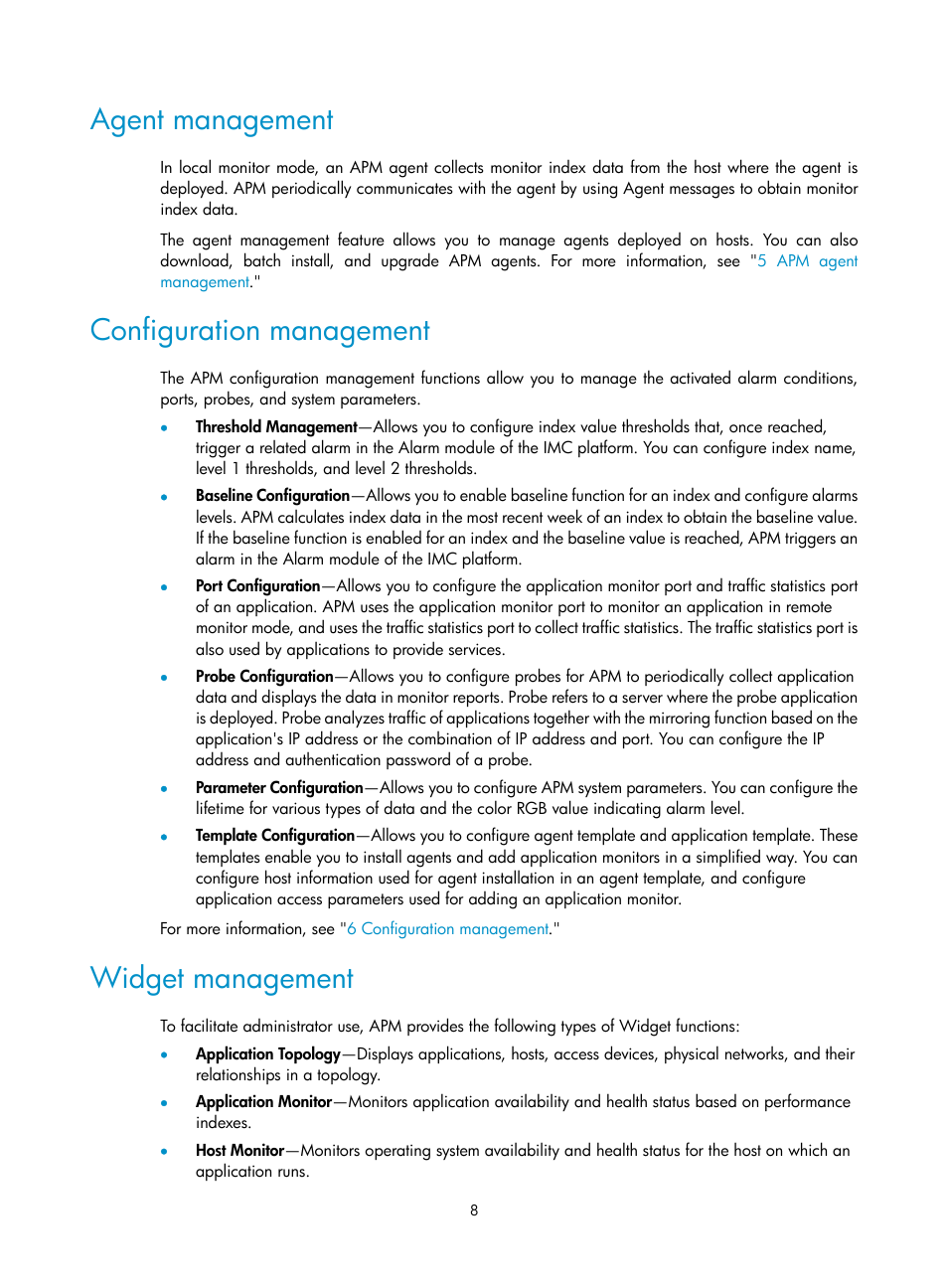 Agent management, Configuration management, Widget management | H3C Technologies H3C Intelligent Management Center User Manual | Page 22 / 740