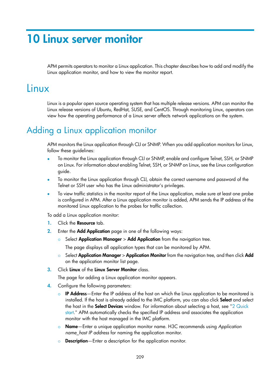 10 linux server monitor, Linux, Adding a linux application monitor | H3C Technologies H3C Intelligent Management Center User Manual | Page 223 / 740
