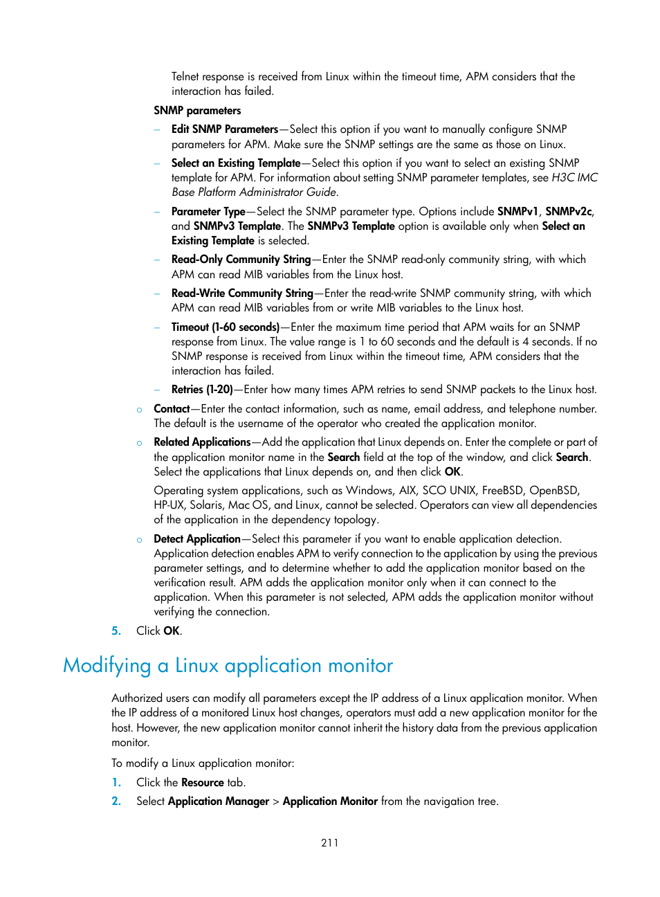 Modifying a linux application monitor | H3C Technologies H3C Intelligent Management Center User Manual | Page 225 / 740