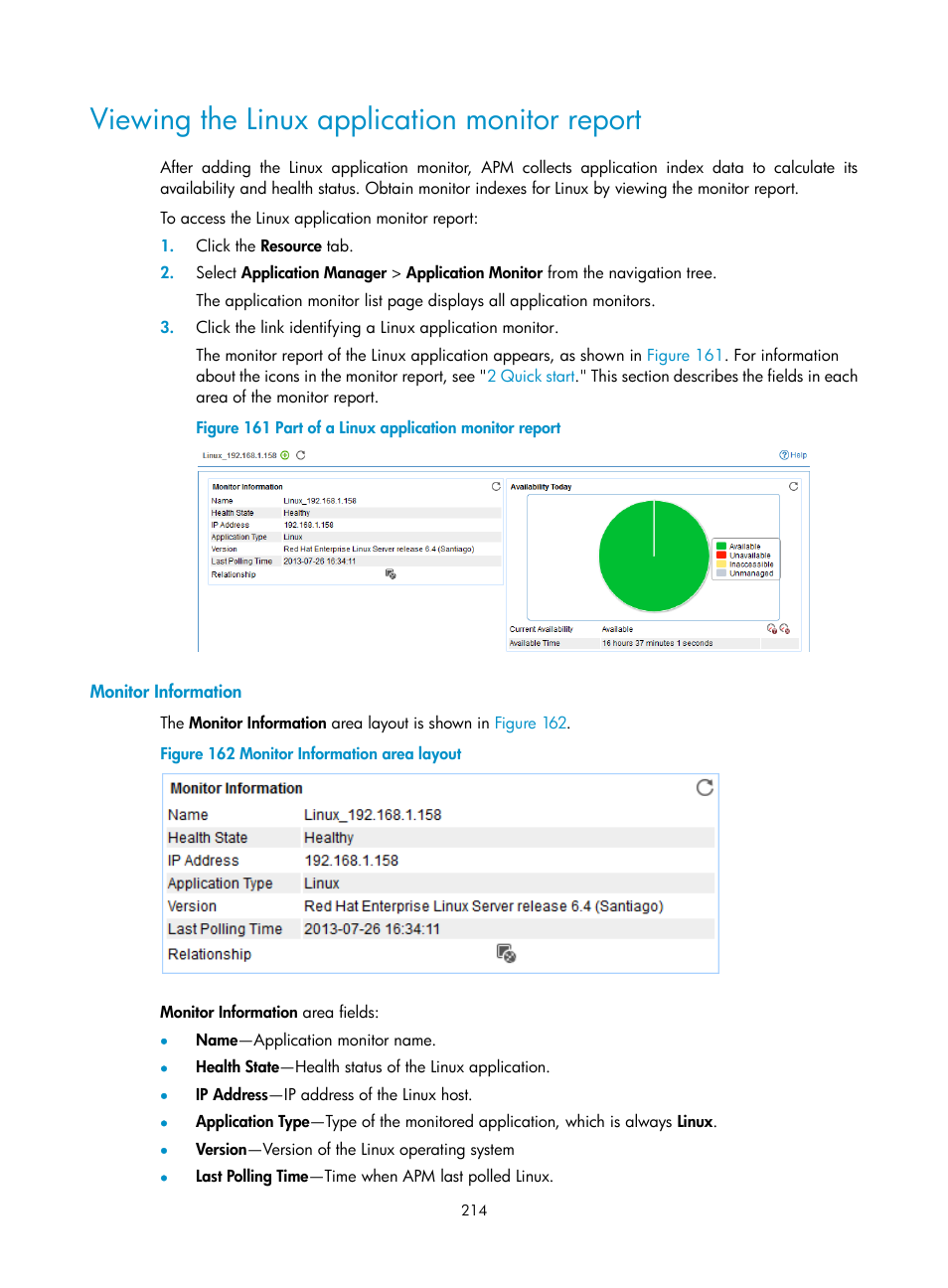 Viewing the linux application monitor report, Monitor information | H3C Technologies H3C Intelligent Management Center User Manual | Page 228 / 740