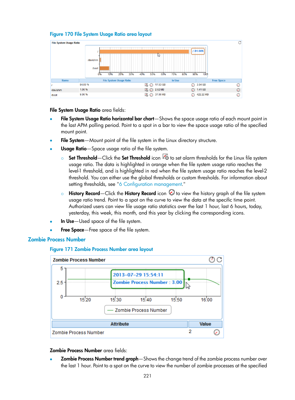 Zombie process number | H3C Technologies H3C Intelligent Management Center User Manual | Page 235 / 740