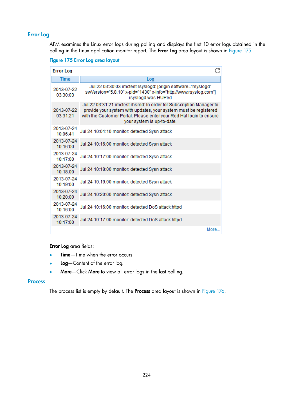 Error log, Process | H3C Technologies H3C Intelligent Management Center User Manual | Page 238 / 740
