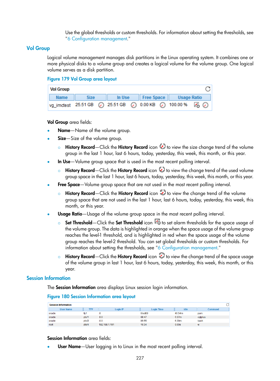Vol group, Session information | H3C Technologies H3C Intelligent Management Center User Manual | Page 241 / 740