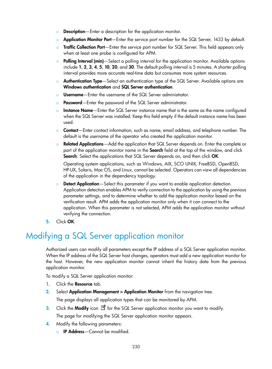 Modifying a sql server application monitor | H3C Technologies H3C Intelligent Management Center User Manual | Page 244 / 740