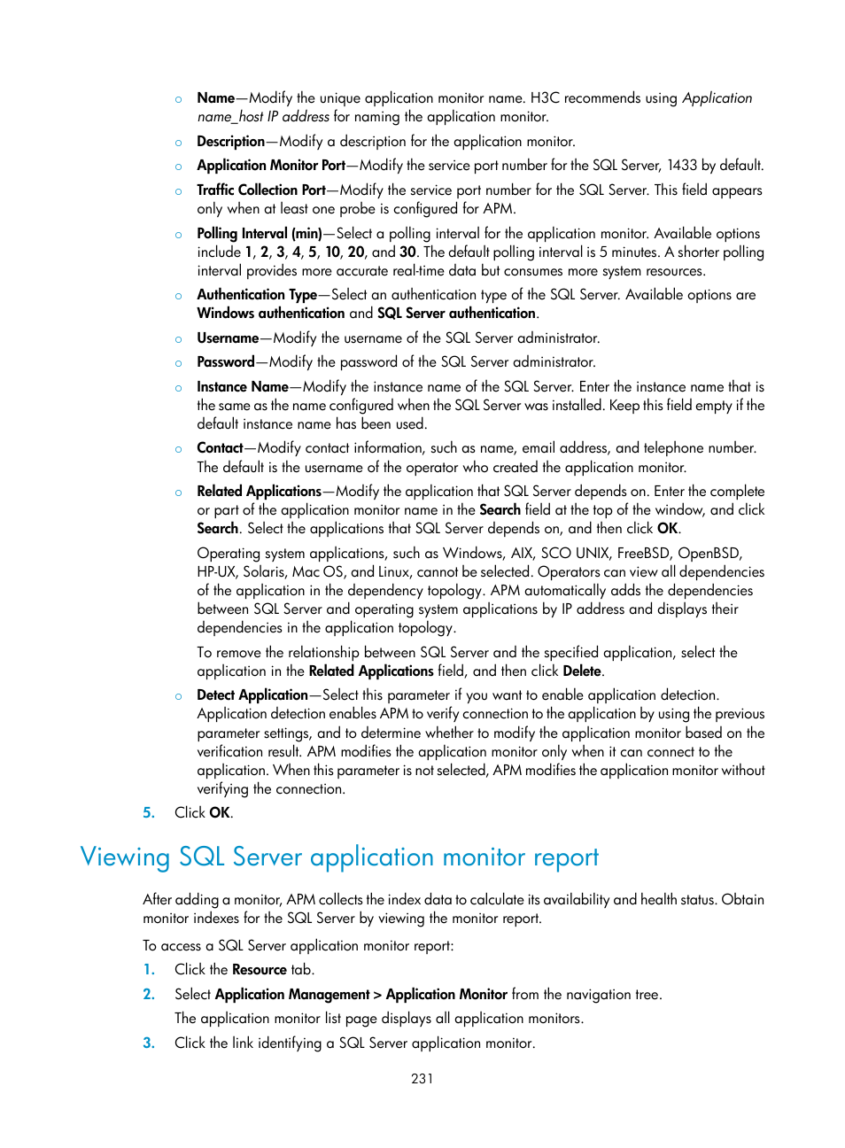 Viewing sql server application monitor report | H3C Technologies H3C Intelligent Management Center User Manual | Page 245 / 740