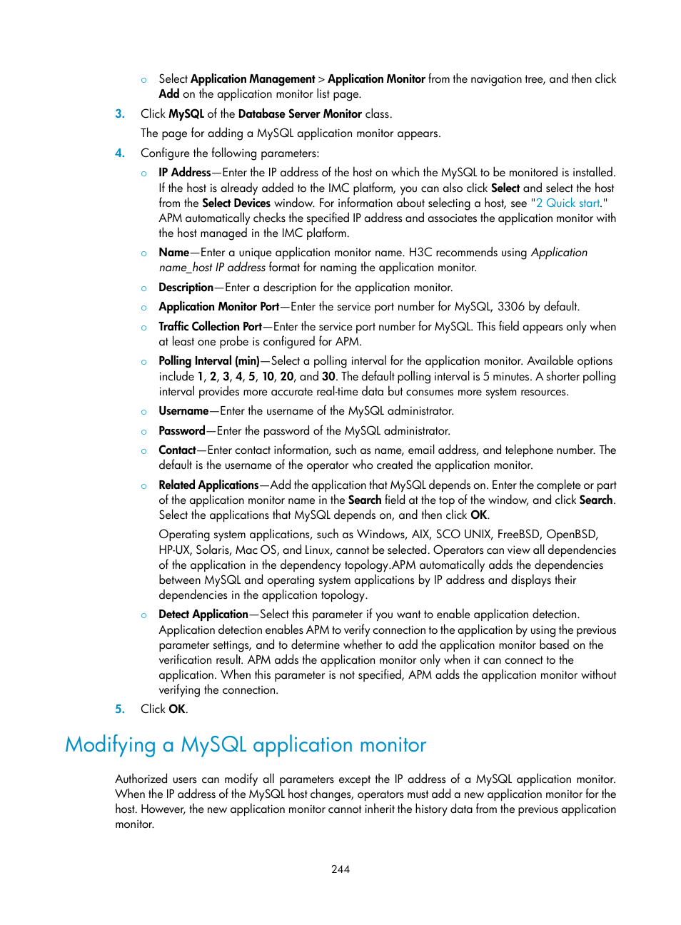 Modifying a mysql application monitor | H3C Technologies H3C Intelligent Management Center User Manual | Page 258 / 740