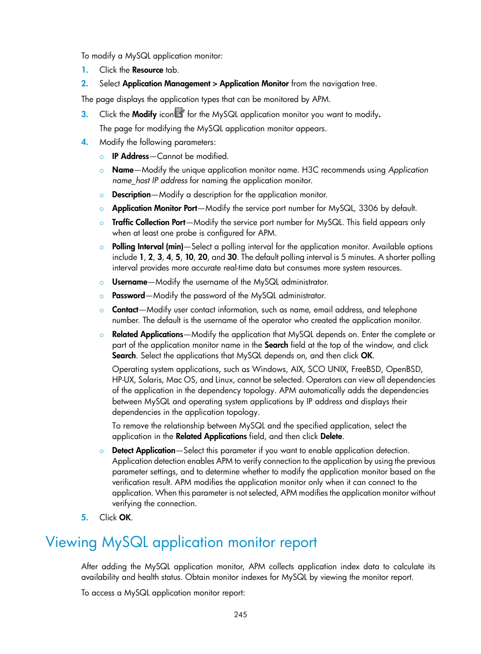 Viewing mysql application monitor report | H3C Technologies H3C Intelligent Management Center User Manual | Page 259 / 740